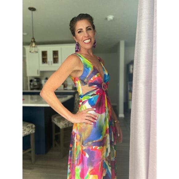 LIV FOSTER Tie Dye Multicolor Floral Abstract Side Cutout A-Line Gown Size 10 - Picture 9 of 16